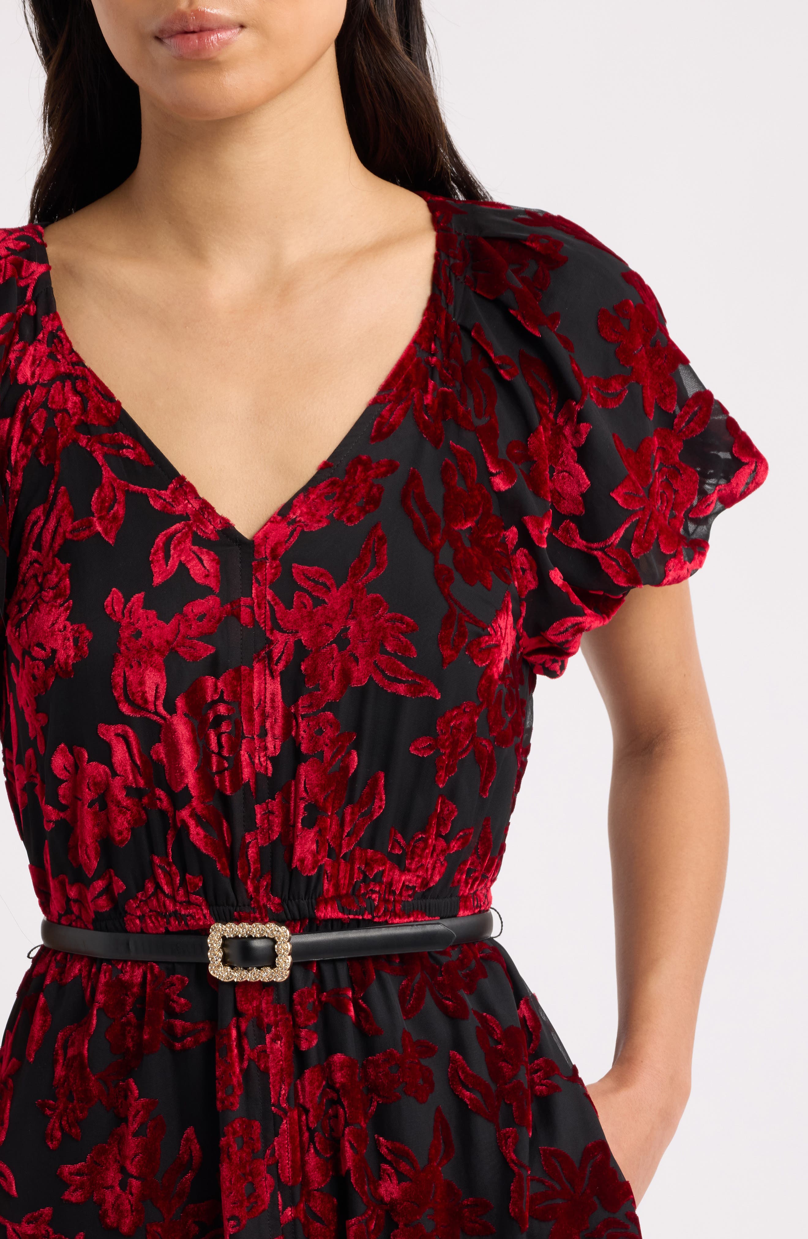 Anne Klein Puff Sleeve Velvet Burnout Midi Dress (Women) | Nordstrom