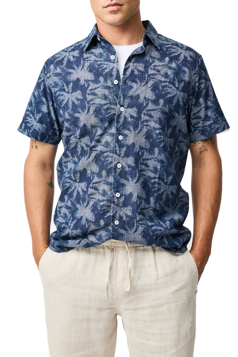 Arthurs Pass Palm Print Short Sleeve Button-Up Shirt, Main, color, COBALT