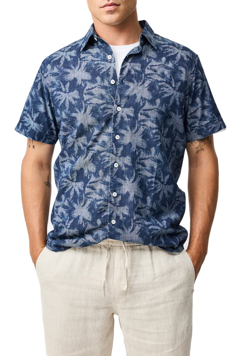 Rodd & Gunn Arthurs Pass Palm Print Short Sleeve Button-Up Shirt, Main, color, Cobalt