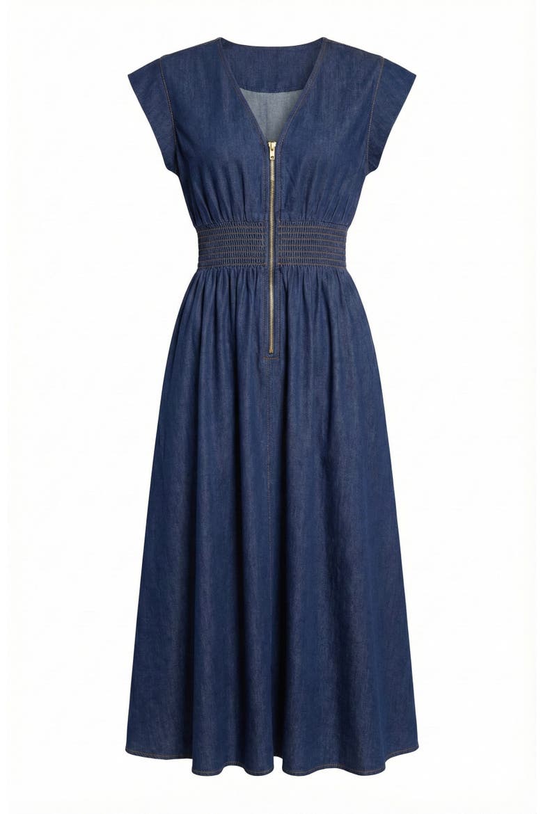 Zip Front Midi Dress with Cap Sleeves and Smocked Waist, Alternate, color, Denim