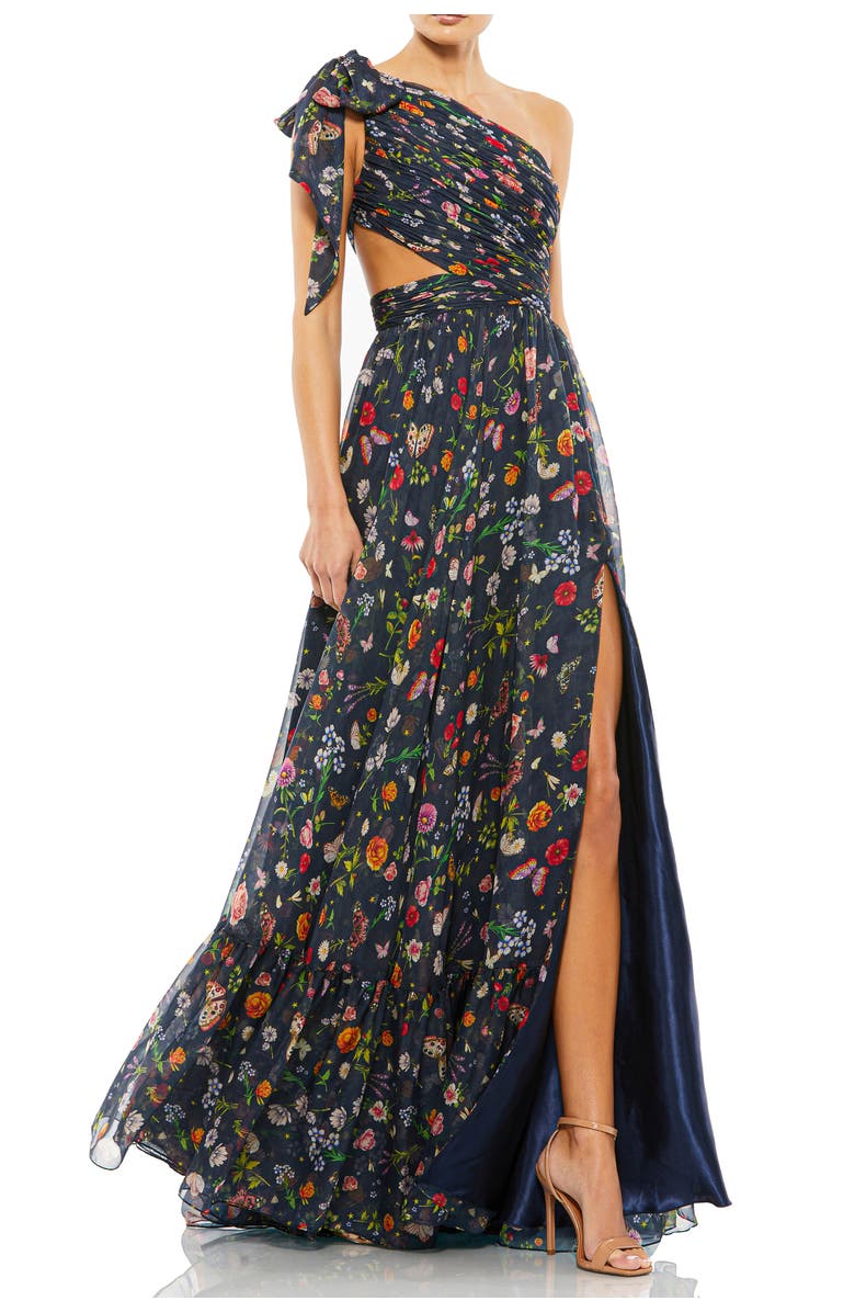 Mac Duggal Petite Tied One Shoulder Cut-Out Flowy Gown, Main, color, Navy Multi
