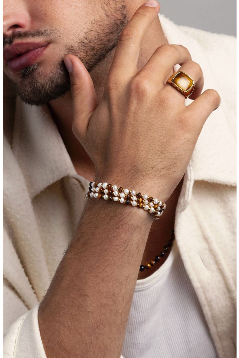 White Pearl and Brown Tiger Eye Wrap Bracelet, Alternate, color, White Pearl / Tiger Eye/ Gold
