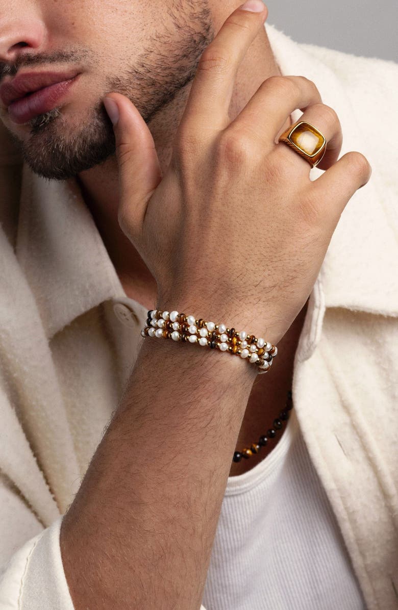 Nialaya White Pearl and Brown Tiger Eye Wrap Bracelet, Alternate, color, White Pearl / Tiger Eye/ Gold
