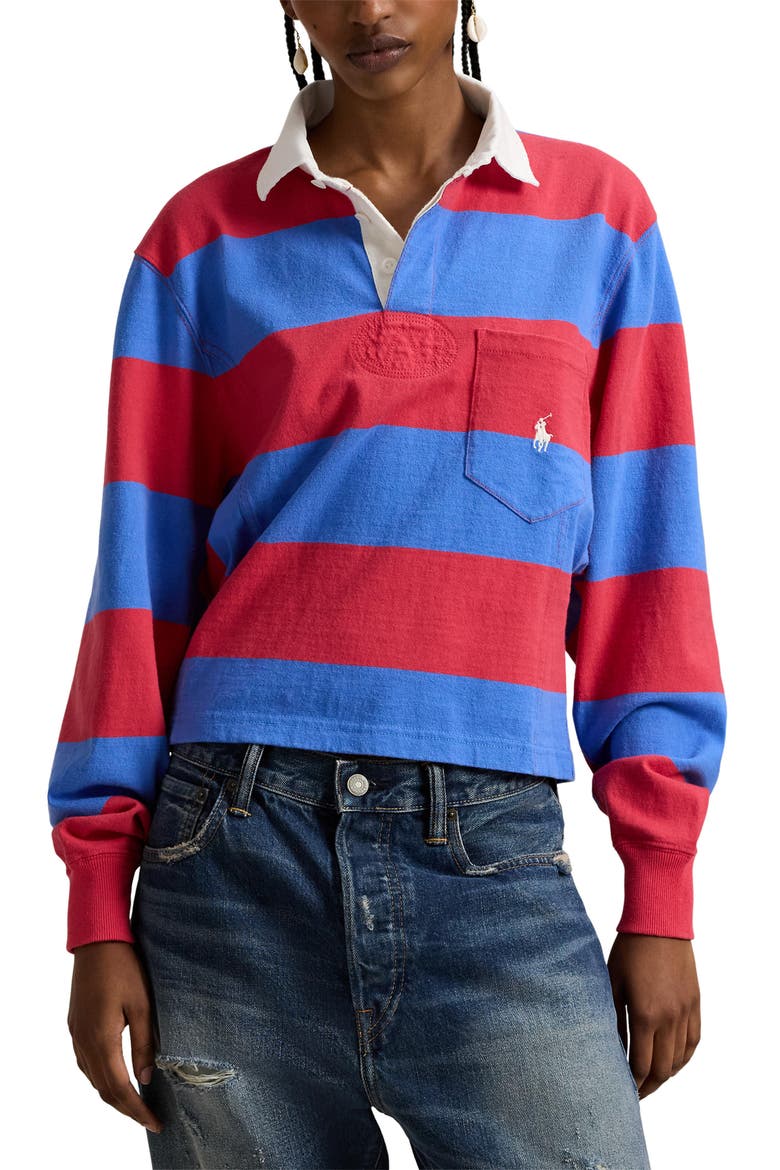 Stripe Jersey Rugby Shirt, Main, color, SUNSET RED/ GREENWICH BLUE