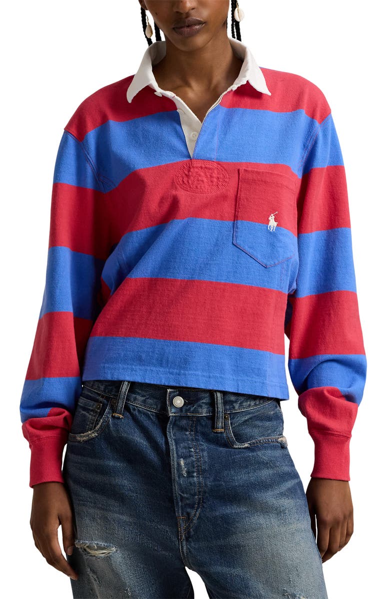 Polo Ralph Lauren Stripe Jersey Rugby Shirt, Main, color, Sunset Red/ Greenwich Blue