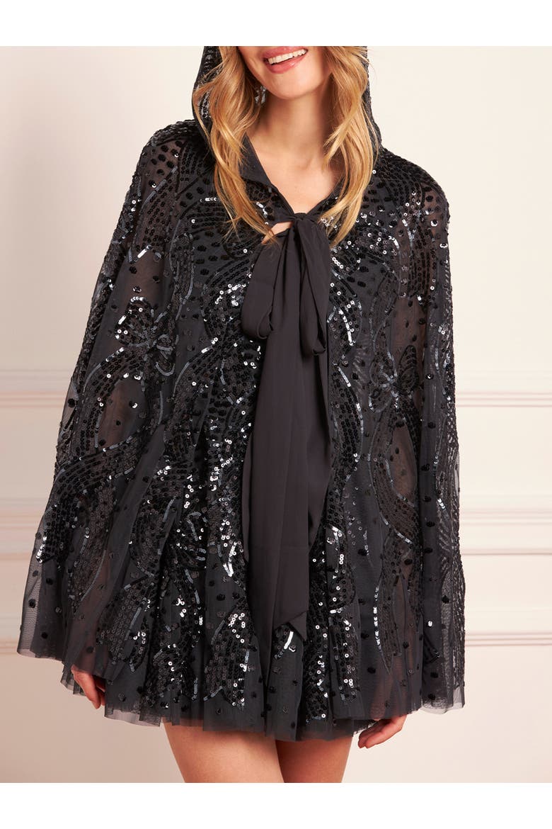 Sequin Ribbon Hooded Cape, Alternate, color, Graphite