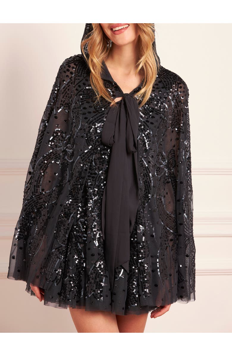 Needle & Thread Sequin Ribbon Hooded Cape, Alternate, color, Graphite