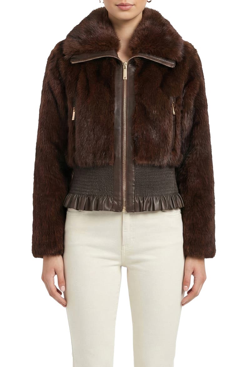 Fur-Free Sable (Faux Fur) Zip Jacket, Wing Collar, Main, color, DARK BROWN