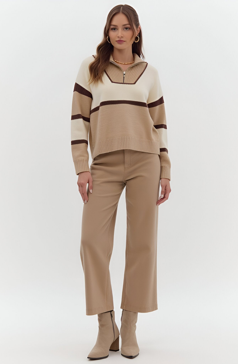 Modenaire Striped Half-Zip Sweater with Ribbed Collar and Long Sleeves, Alternate, color, 
