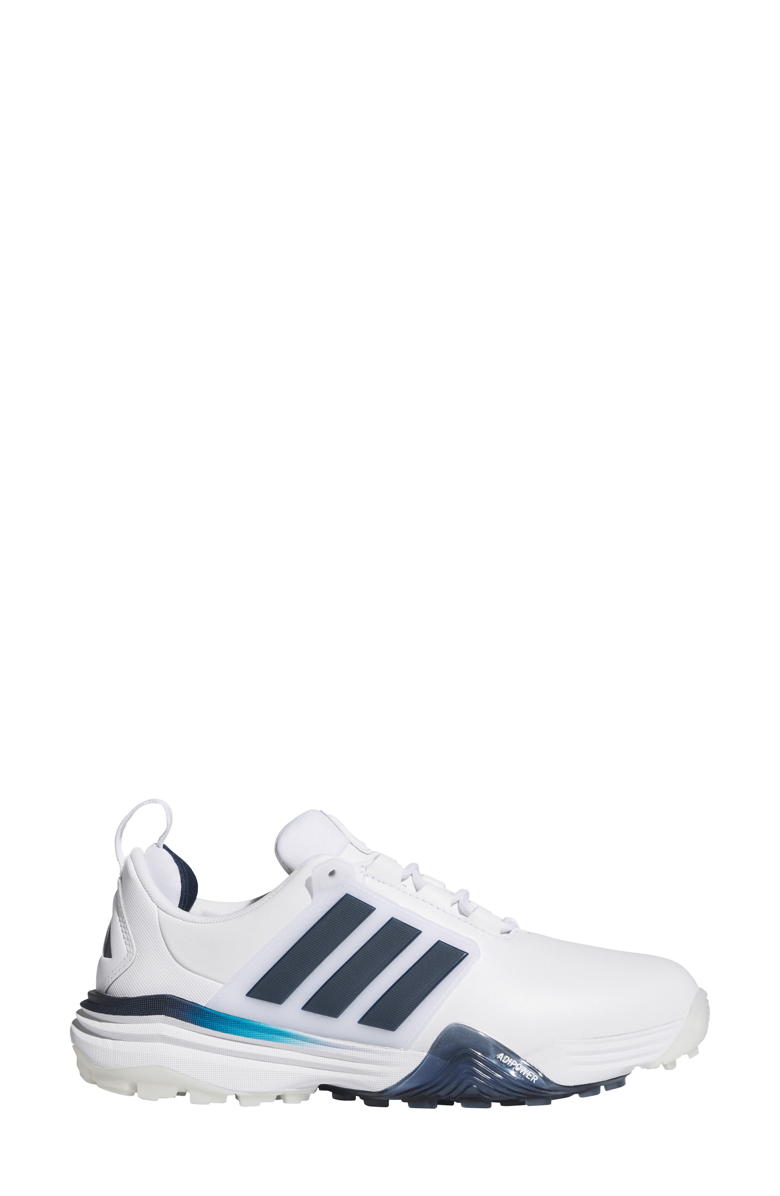 Adipower 26 Spikeless Golf Shoe, Alternate, color, WHITE/ COBALT NAVY/ WHITE