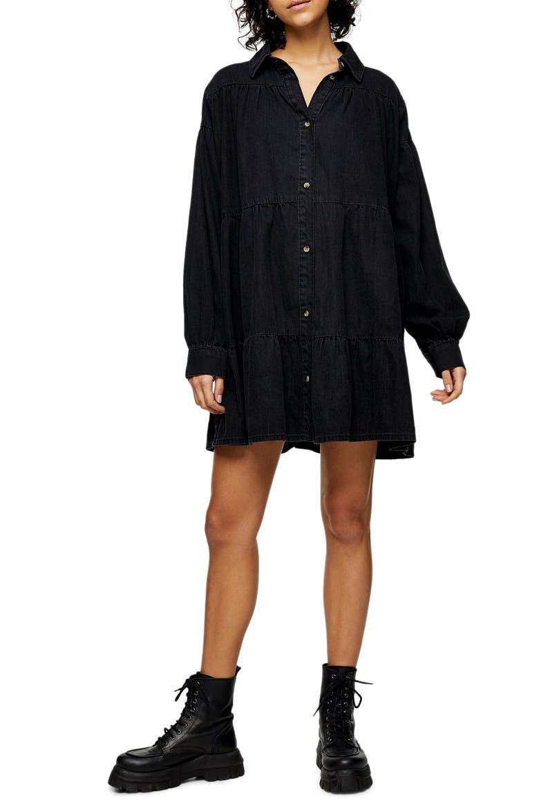 Tiered Denim Shirt Dress, Main, color, BLACK