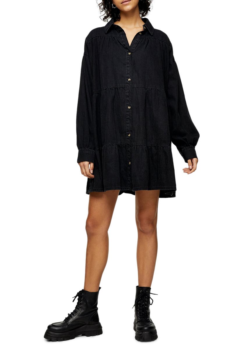 Topshop Tiered Denim Shirt Dress, Main, color,