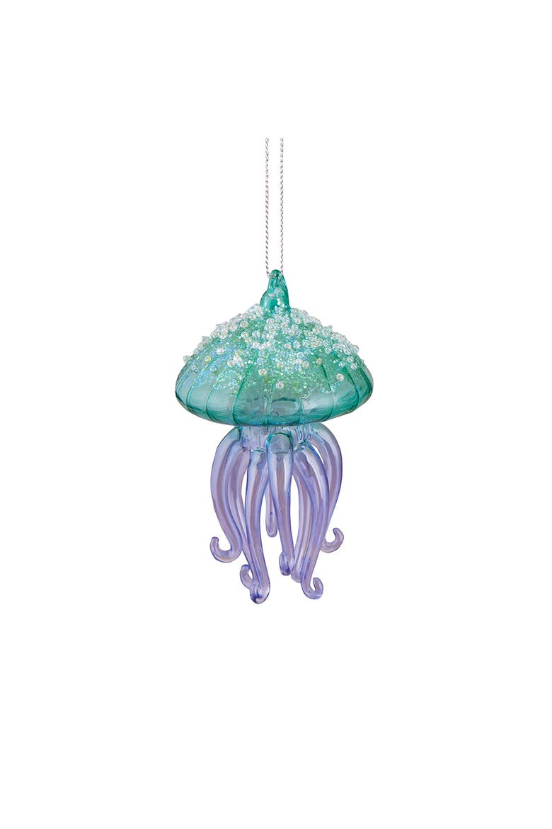 Glitter Jellyfish Small Glass Hanging Christmas Tree Ornament 5", Main, color, Green
