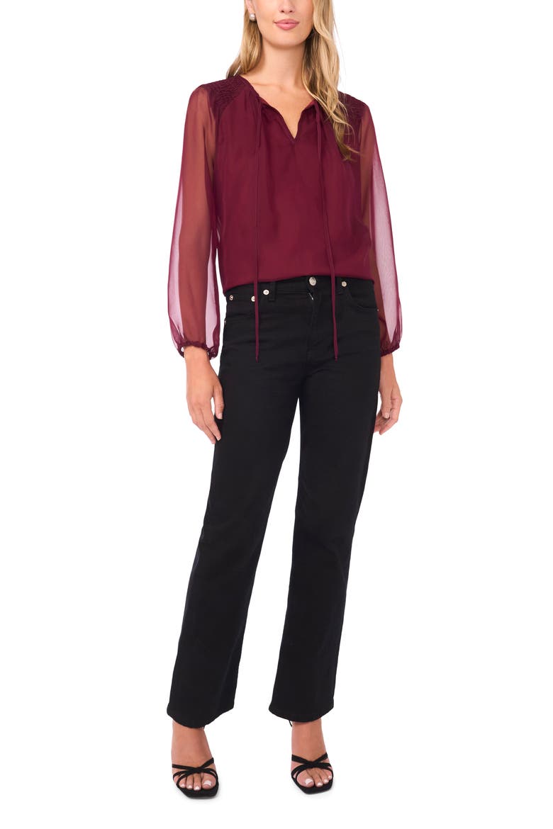 Sheer Sleeve Tie Neck Top, Alternate, color, BOYSENBERRY