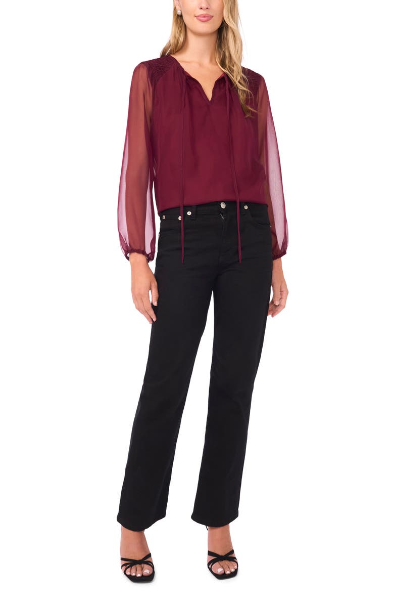 Vince Camuto Sheer Sleeve Tie Neck Top, Alternate, color, Boysenberry