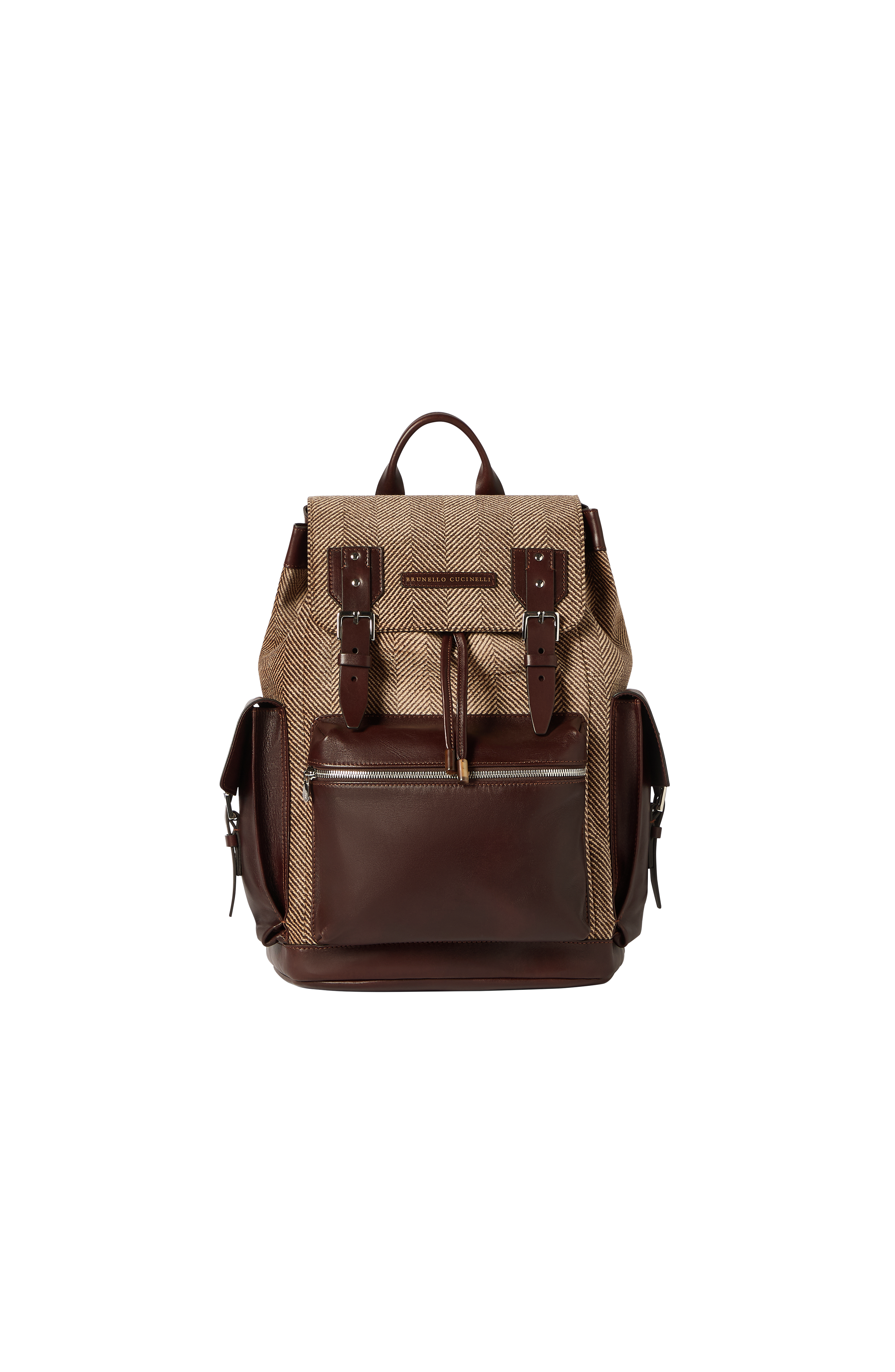 Burnished calfskin and chevron-effect techno fabric city backpack, Alternate, color, Brown