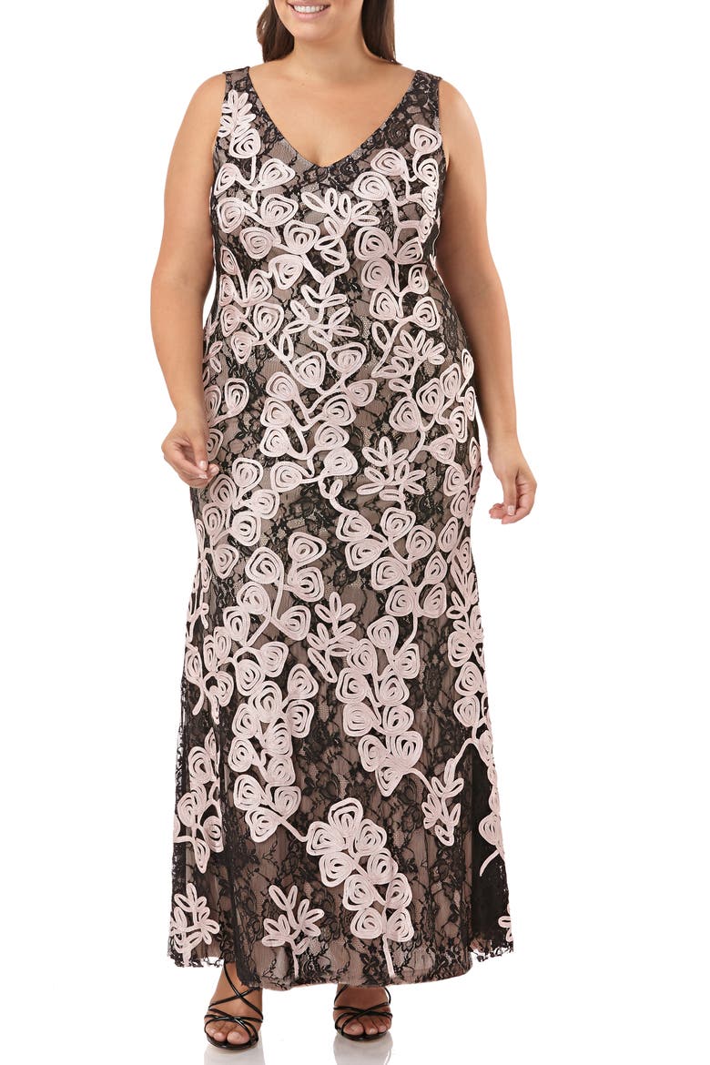 Soutache Embroidered Lace Evening Dress, Alternate, color, SHELL PINK BLACK