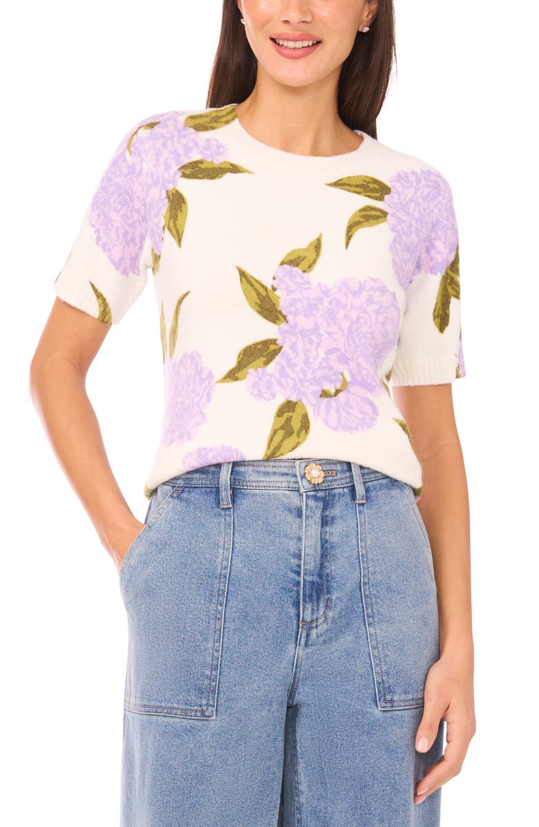 CeCe Hydrangea Print Short Sleeve Sweater, Main, color, Orchid Petal