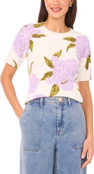 CeCe Hydrangea Print Short Sleeve Sweater