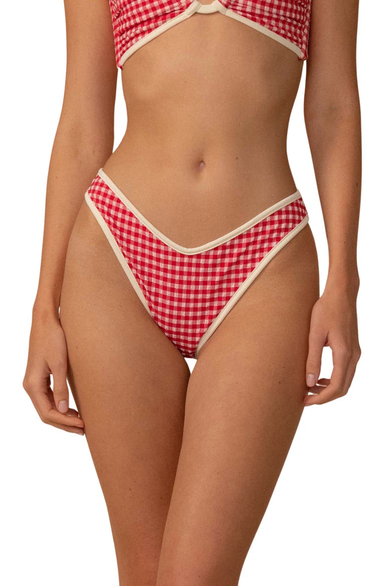 Tori Micro Gingham Binded Swim Top, Main, color, RED MICRO GINGHAM