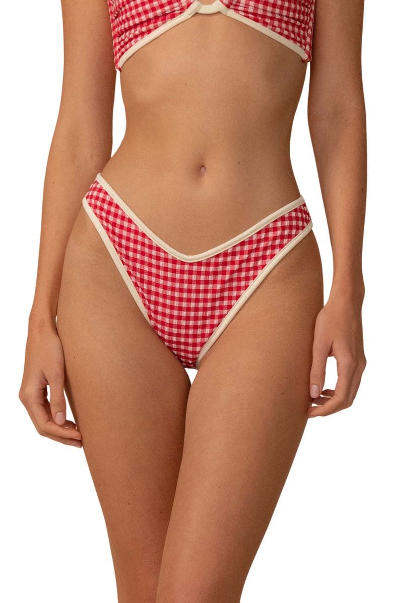 MONTCE Tori Micro Gingham Binded Swim Top, Main, color, Red Micro Gingham