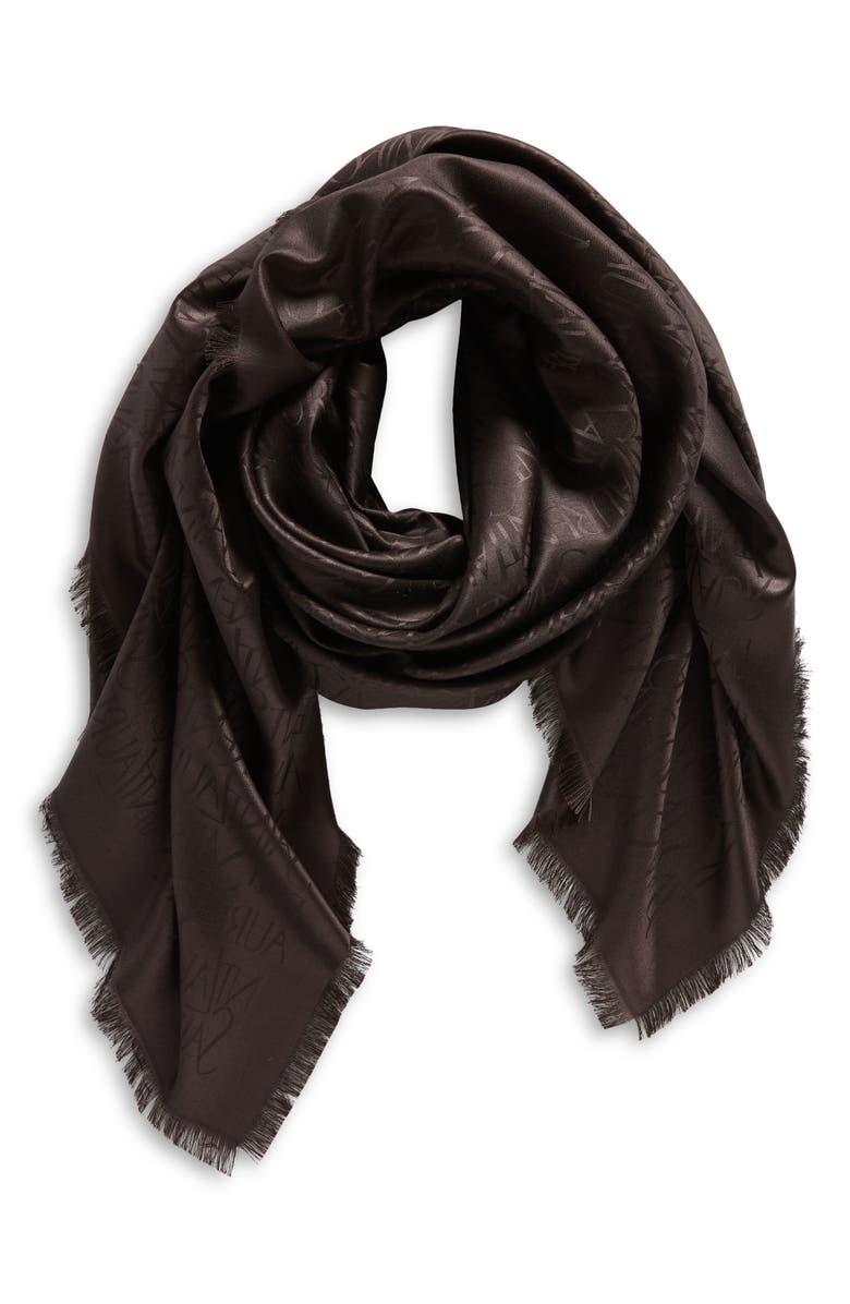 Saint Laurent Grand Allover Logo Silk & Wool Scarf, Alternate, color, Expresso