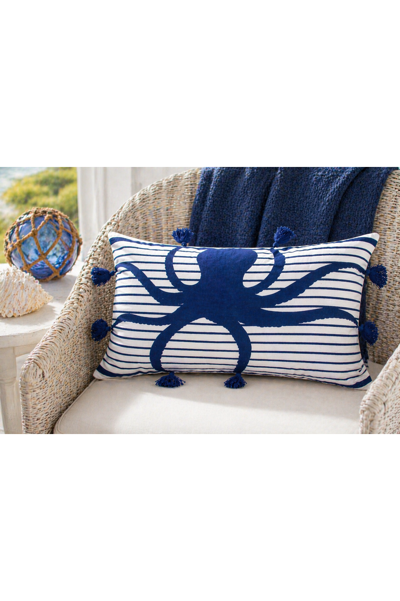 Indigo Stripes Octopus Cotton Blend Lumbar Accent Pillow 14" x 22", Alternate, color, Blue