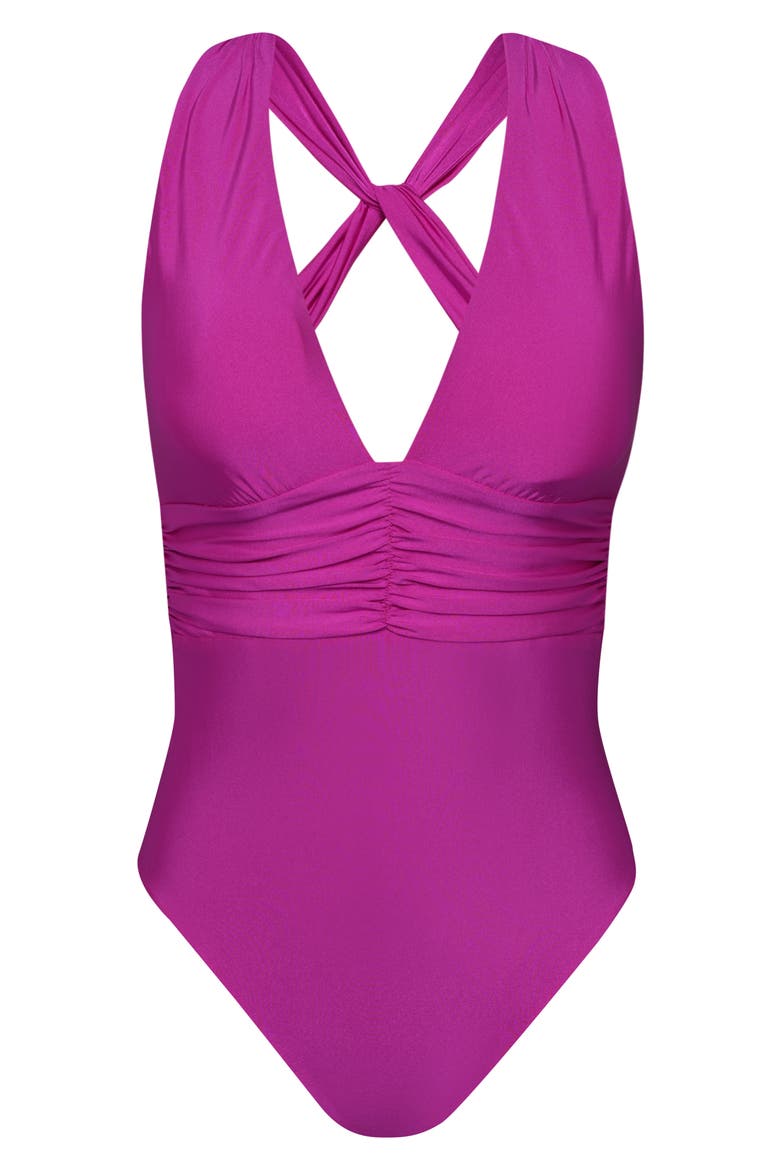 Solids Ruched Plunge One-Piece Swimsuit, Alternate, color, BRIGHT VIOLET