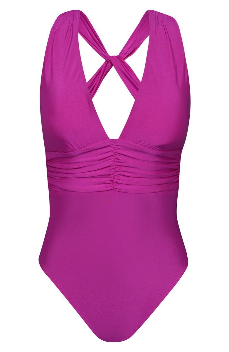 Sunshine 79 Solids Ruched Plunge One-Piece Swimsuit, Alternate, color, Bright Violet