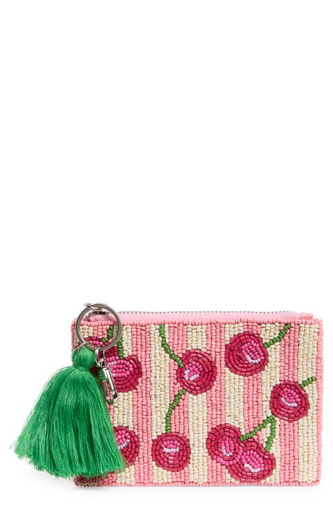 Stripe Cherry Beaded Coin Pouch