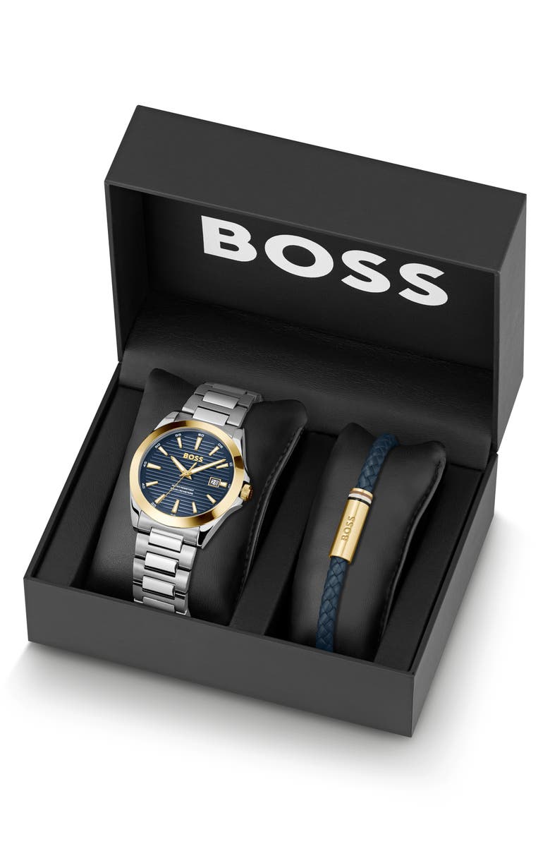 BOSS Strike Bracelet Watch & Leather Bracelet Set, 41mm, Main, color, 