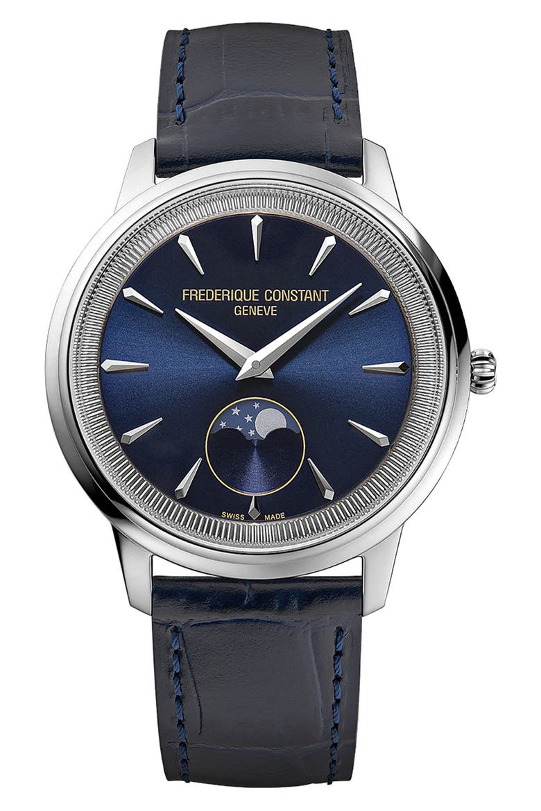 Classics Moneta Moon Phase Navy Leather Strap Watch, 37mm, Main, color, SILVER-TONE