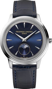 FREDERIQUE CONSTANT Classics Moneta Moon Phase Navy Leather Strap Watch, 37mm