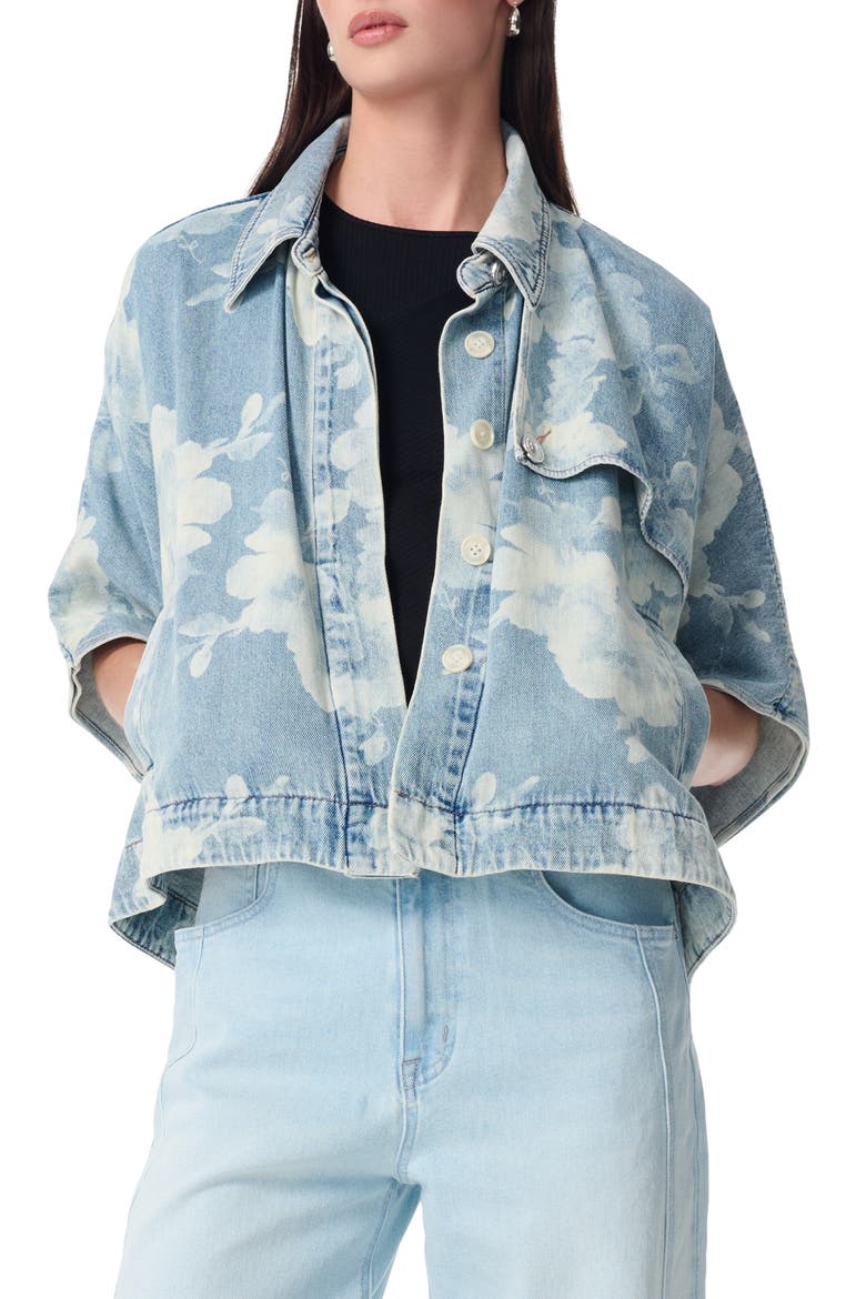 Desire Denim Capelet Jacket, Main, color, ROSE BOUQUET DISCHAR
