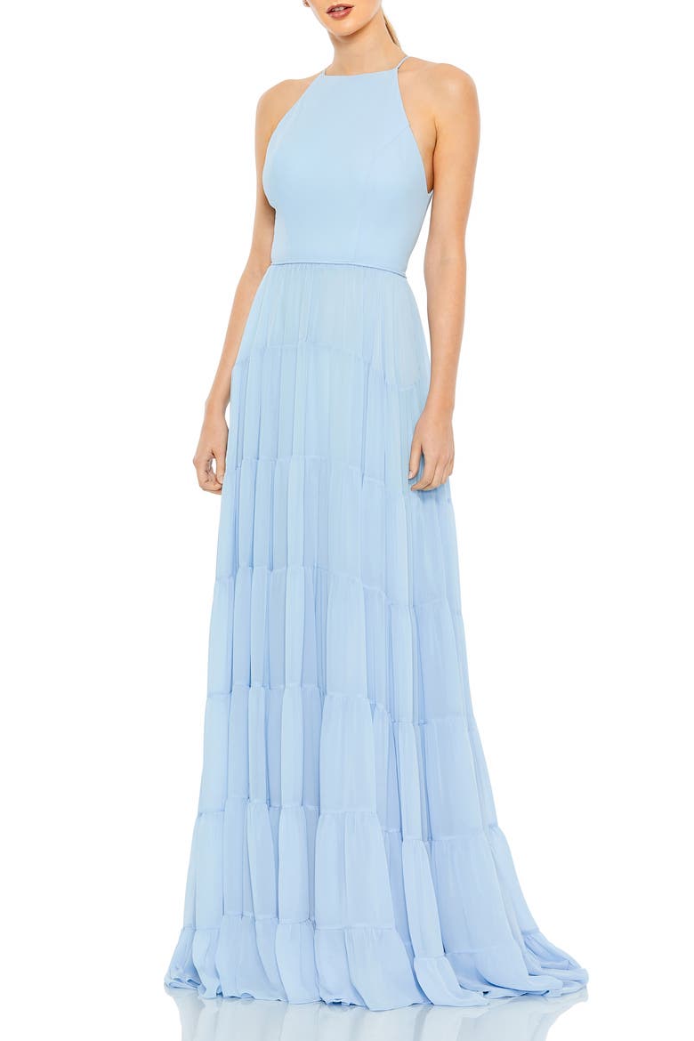 Halter Neck A-Line Tiered Gown, Main, color, POWDER BLUE