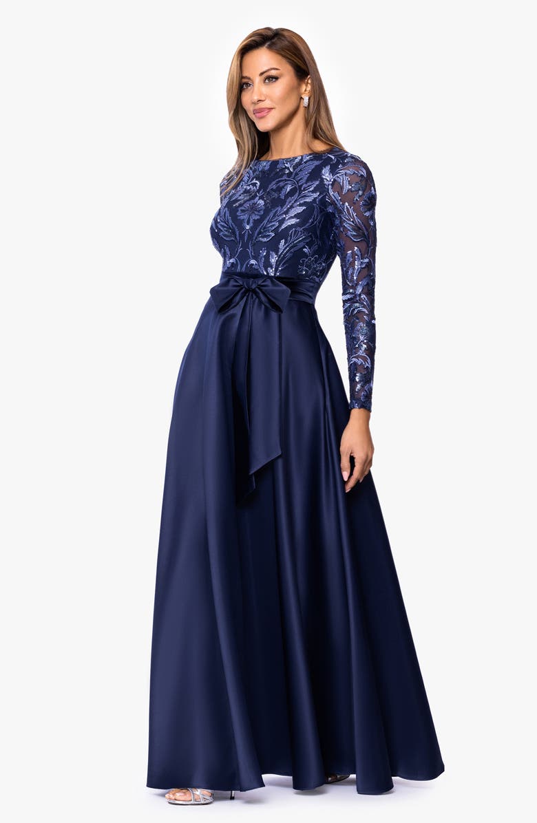 Xscape Evenings Embellished Bodice Long Sleeve Gown, Alternate, color, Peri/ Navy