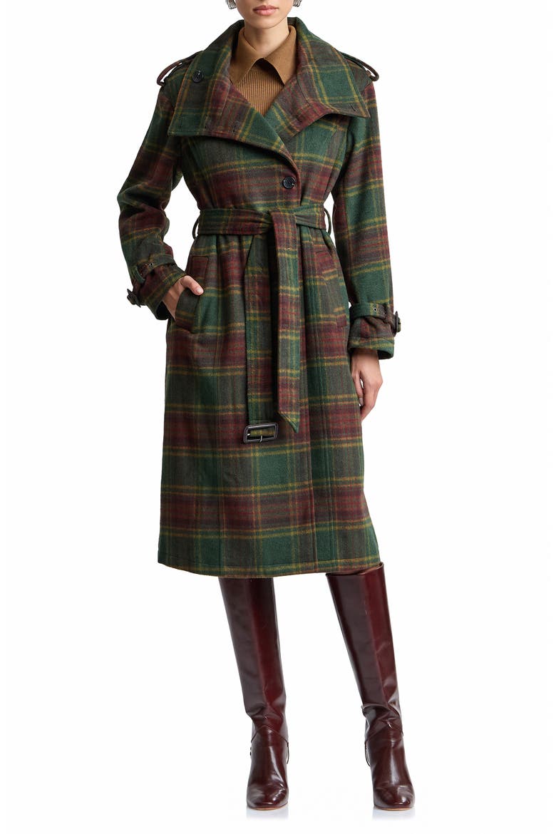 Plaid Funnel Neck Slouchy Trench Coat, Alternate, color, FOLIAGE PLAID