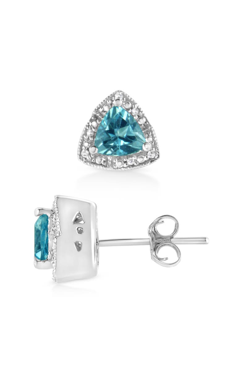 Haus of Brilliance Silver 6x6 mm Trillion Blue Topaz Gemstone and Diamond Accent Stud Earring, Alternate, color,