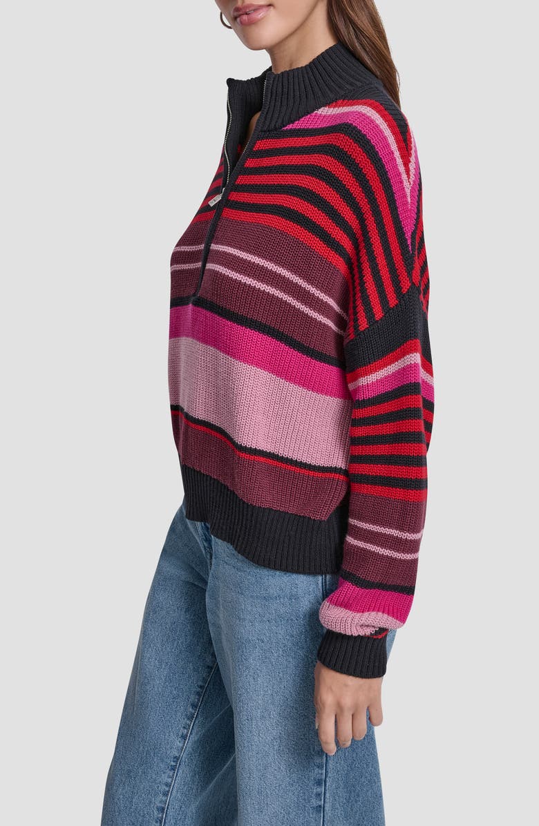DKNY Jeans Stripe Quarter Zip Cotton Sweater, Alternate, color, Syrah Comb