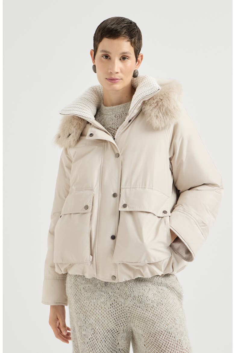Techno cotton water-resistant taffeta down parka with detachable shearling hood and shiny zipper pull, Main, color, Cool Beige