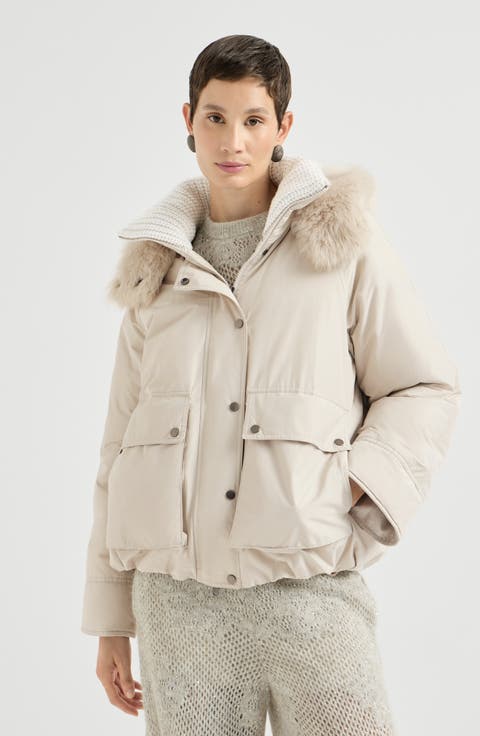 Techno cotton water-resistant taffeta down parka with detachable shearling hood and shiny zipper pull