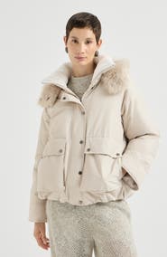 Brunello Cucinelli Techno cotton water-resistant taffeta down parka with detachable shearling hood and shiny zipper pull