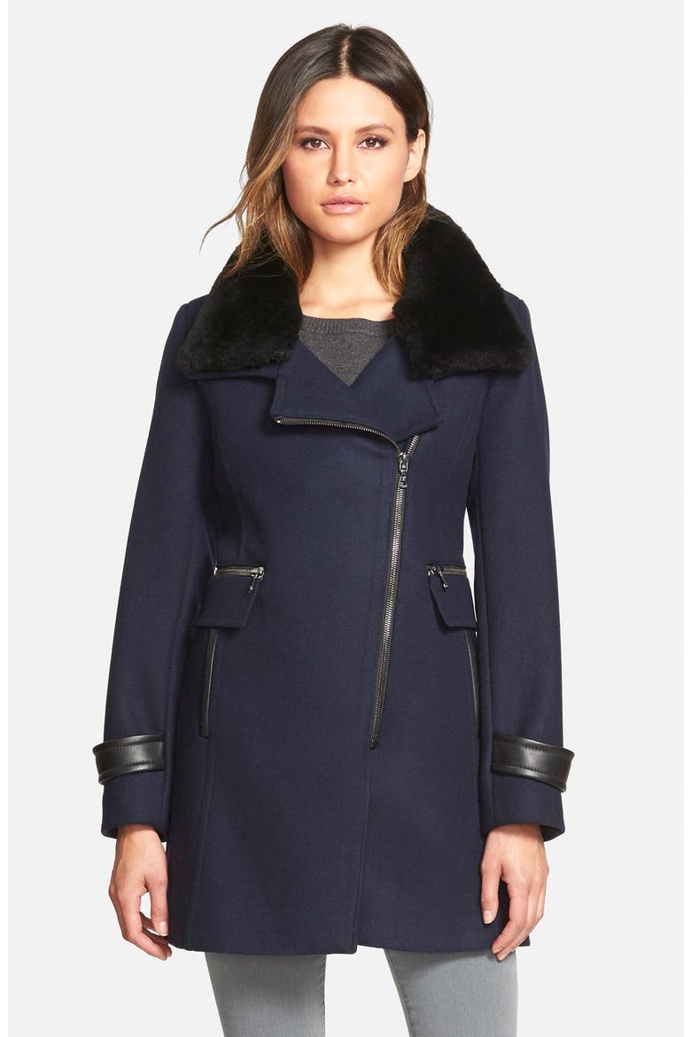 'Aubree' Wool Blend Coat with Detachable Genuine Shearling Trim, Main, color, NAVY