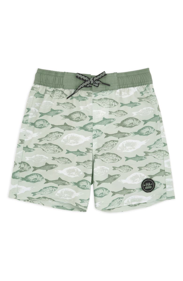 Feather 4 Arrow Kids' Classic Fish Print Board Shorts, Main, color, Sage