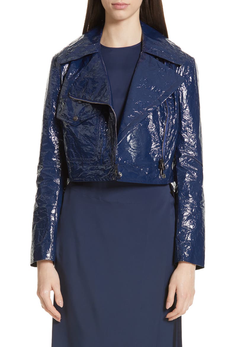 Annabelle Crinkled Faux Patent Leather Crop Moto Jacket, Main, color, NAVY