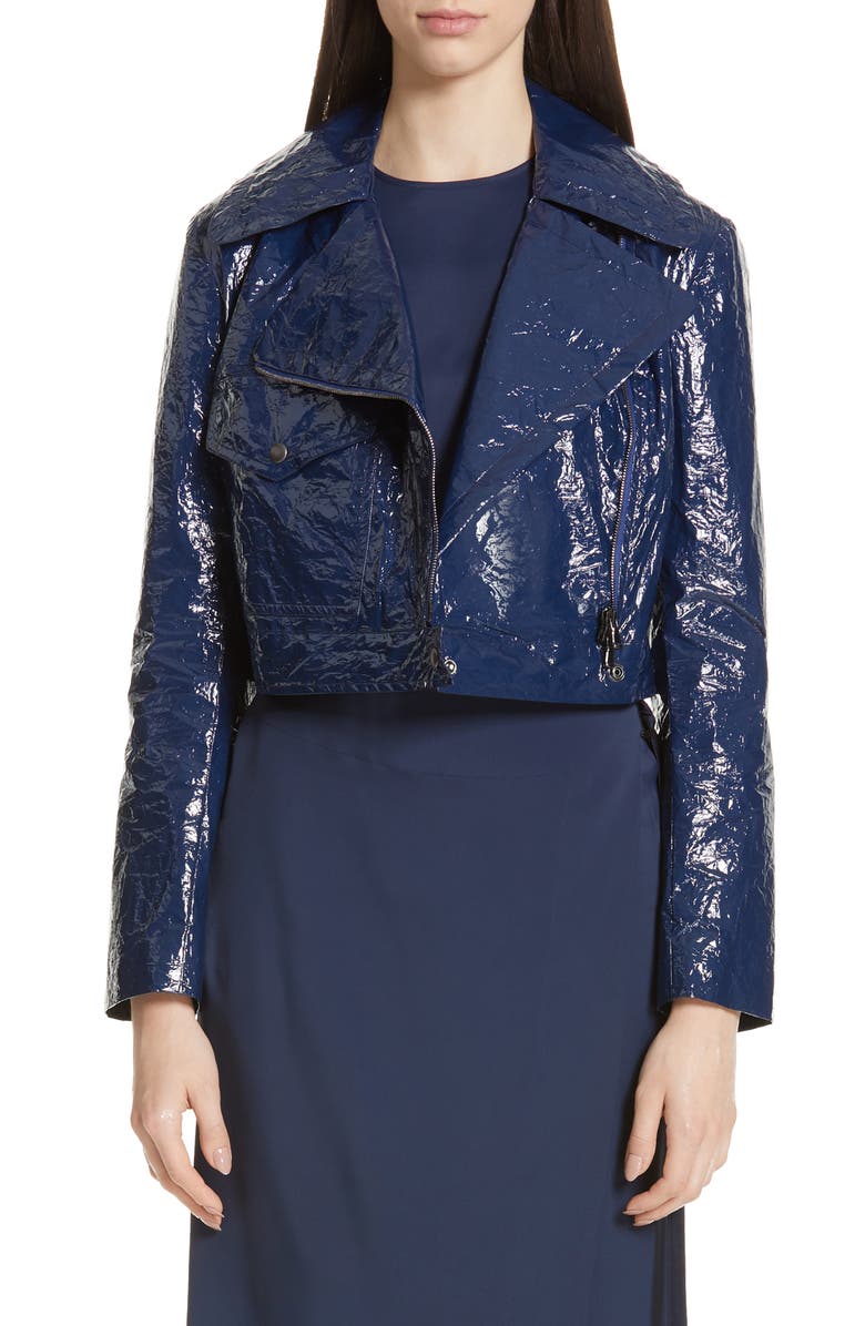 Sies Marjan Annabelle Crinkled Faux Patent Leather Crop Moto Jacket, Main, color, 