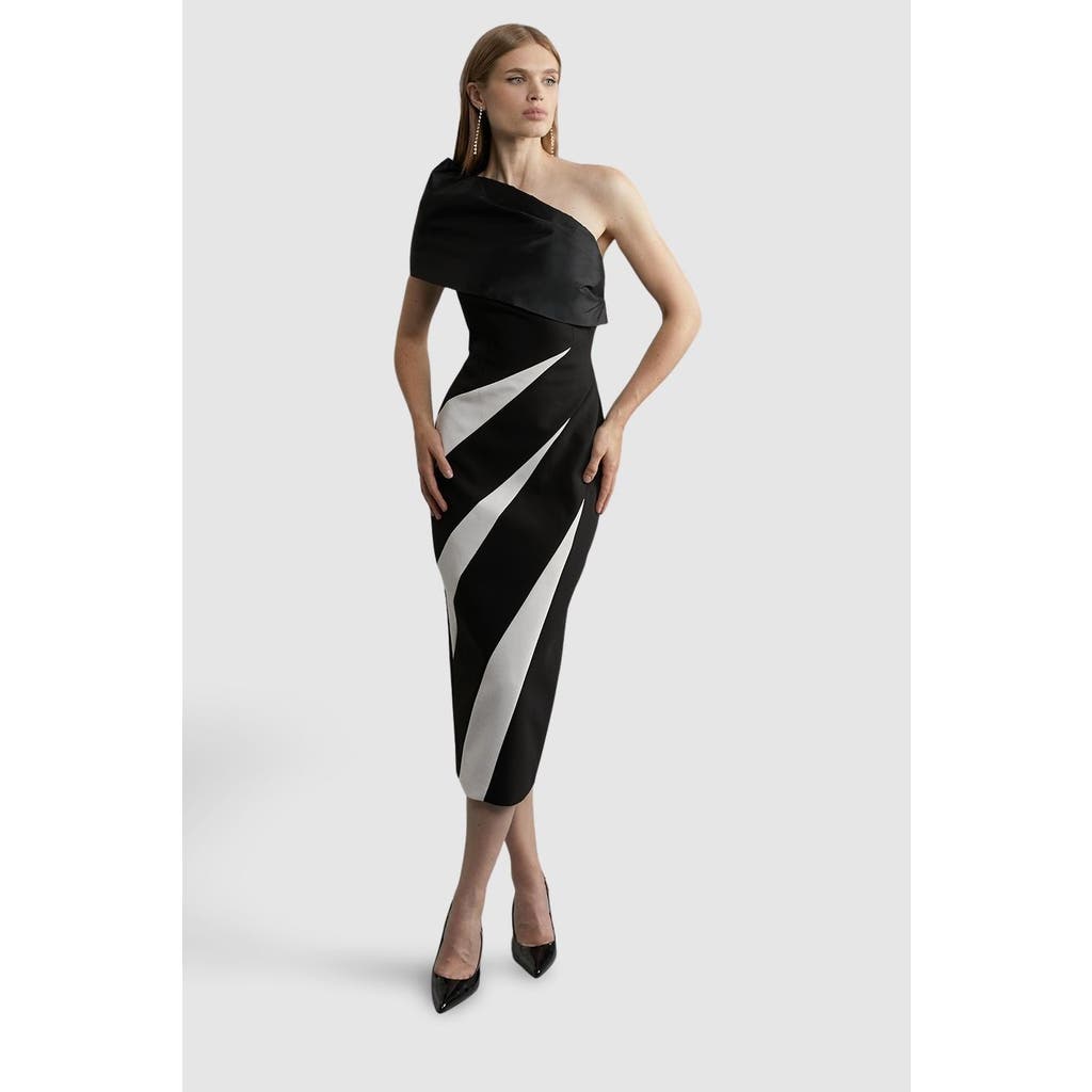Karen Millen Petite One Shoulder Panel Midi Dress In Black