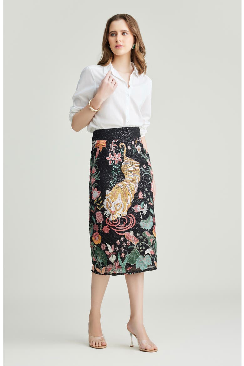 Embroidred Sequin Pencil Skirt, Alternate, color, BLACK