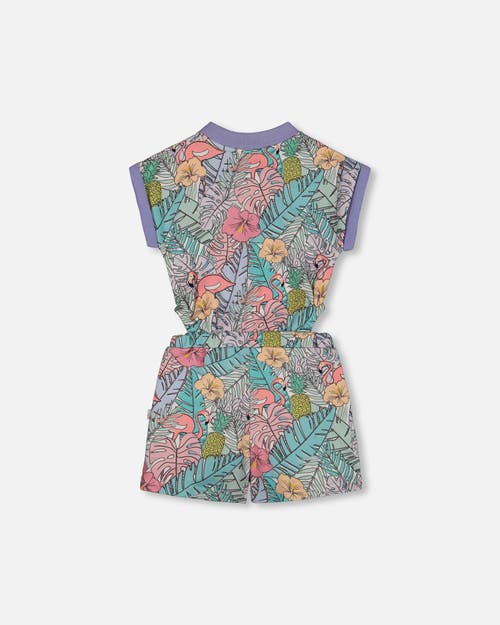 Deux Par Deux Little Girl's Printed French Terry Romper Lilac Tropical And Pink Flamingos In Lilac And Pink Flamingos