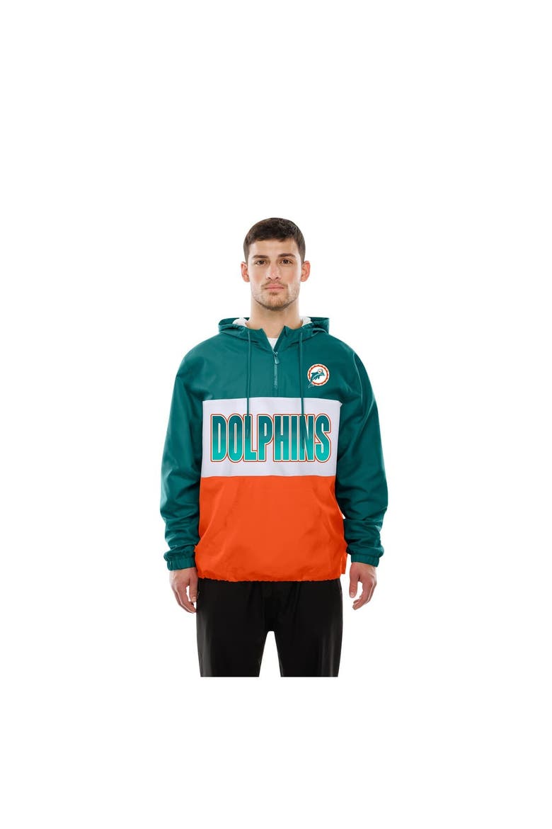 Men's New Era Aqua Miami Dolphins Ripstop Quarter-Zip Hooded Windbreaker, Alternate, color, Aqua